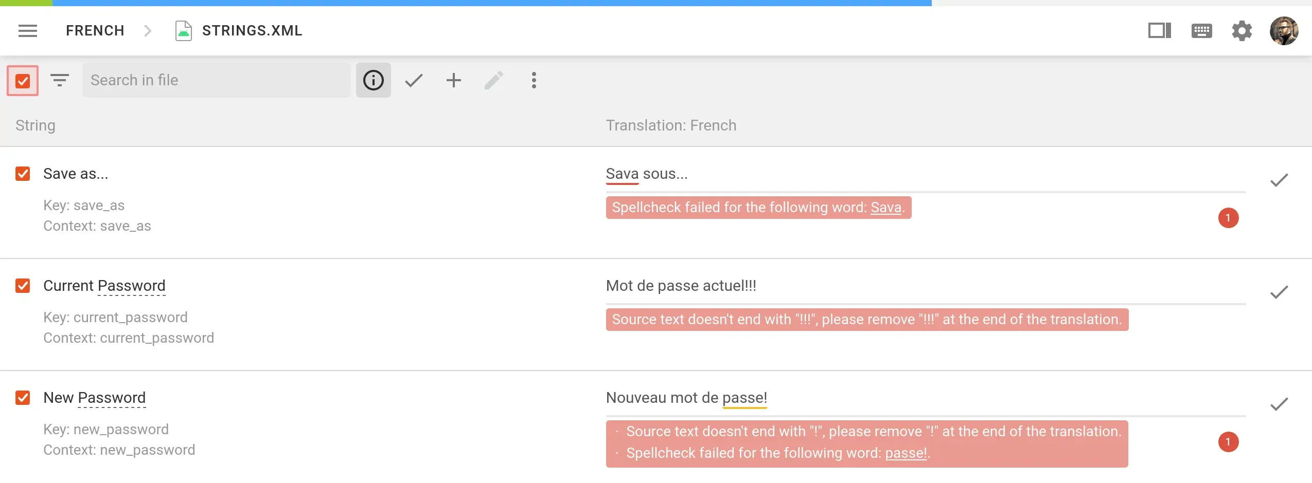 Example of QA check in a CAT tool functionality